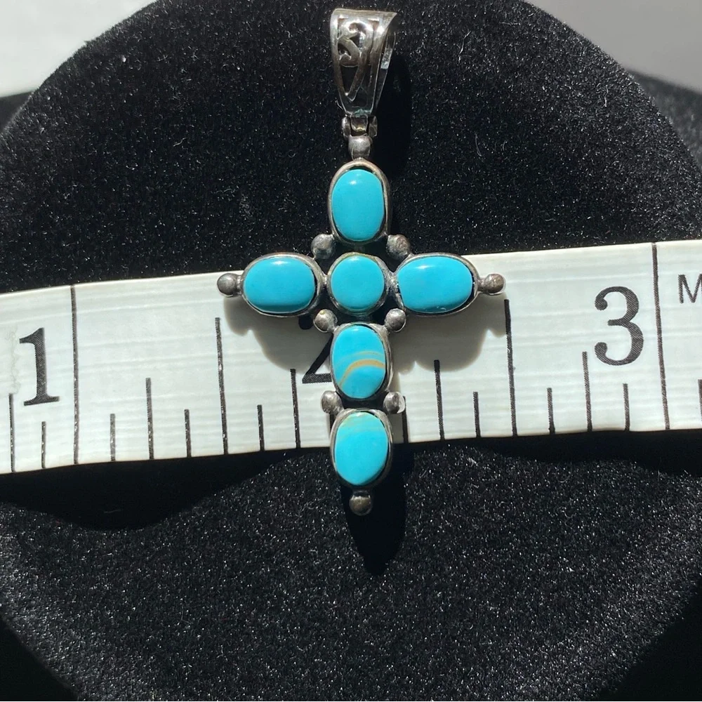 Sterling Silver Turquoise Cross Pendant Vintage Southwest Boho Artist Signed - Picture 11 of 12
